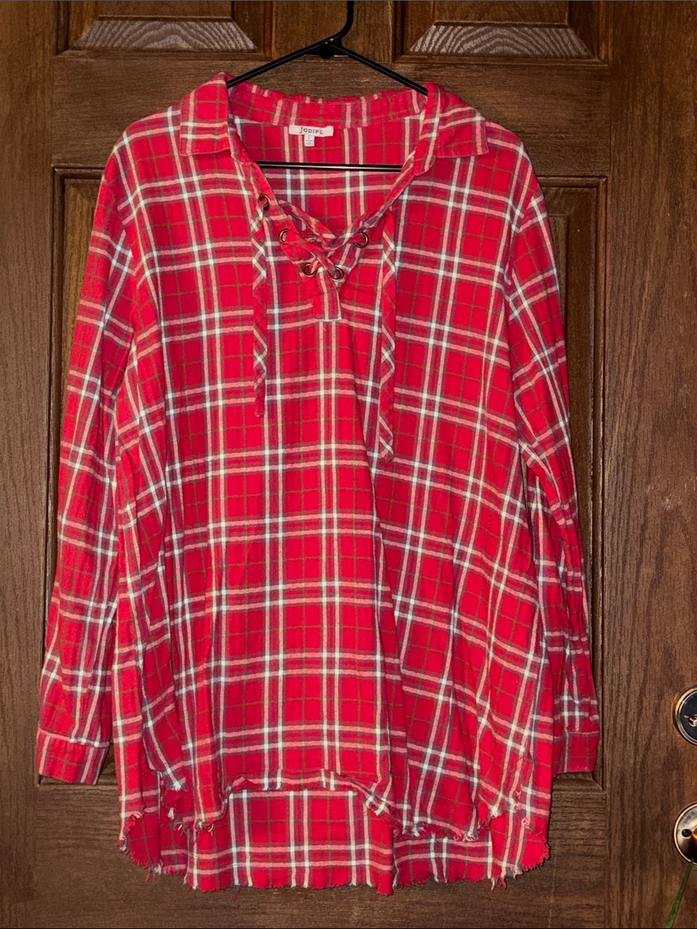 Joey Red Plaid Lace-Up Collared Tunic